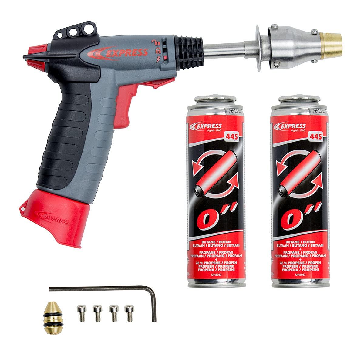 express gas powered pistol grip dehorning kit for calves, lambs, kid goats. portable, lightweight, easy-to-operate. reaches working temps in less than 70 sec. operate continuously for 2hrs at 1100ºf