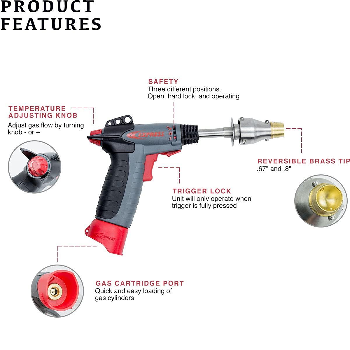express gas powered pistol grip dehorning kit for calves, lambs, kid goats. portable, lightweight, easy-to-operate. reaches working temps in less than 70 sec. operate continuously for 2hrs at 1100ºf