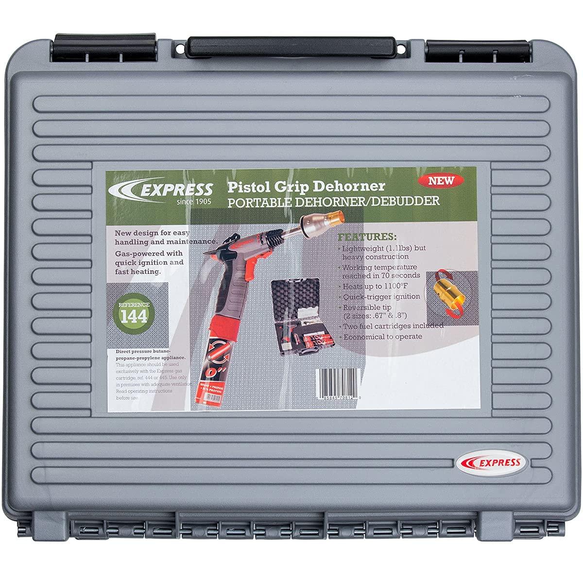 express gas powered pistol grip dehorning kit for calves, lambs, kid goats. portable, lightweight, easy-to-operate. reaches working temps in less than 70 sec. operate continuously for 2hrs at 1100ºf