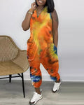 tie dye print pocket design sleeveless jumpsuit