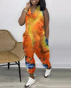 tie dye print pocket design sleeveless jumpsuit