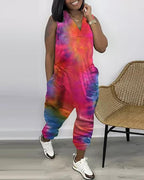 tie dye print pocket design sleeveless jumpsuit