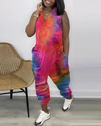 tie dye print pocket design sleeveless jumpsuit