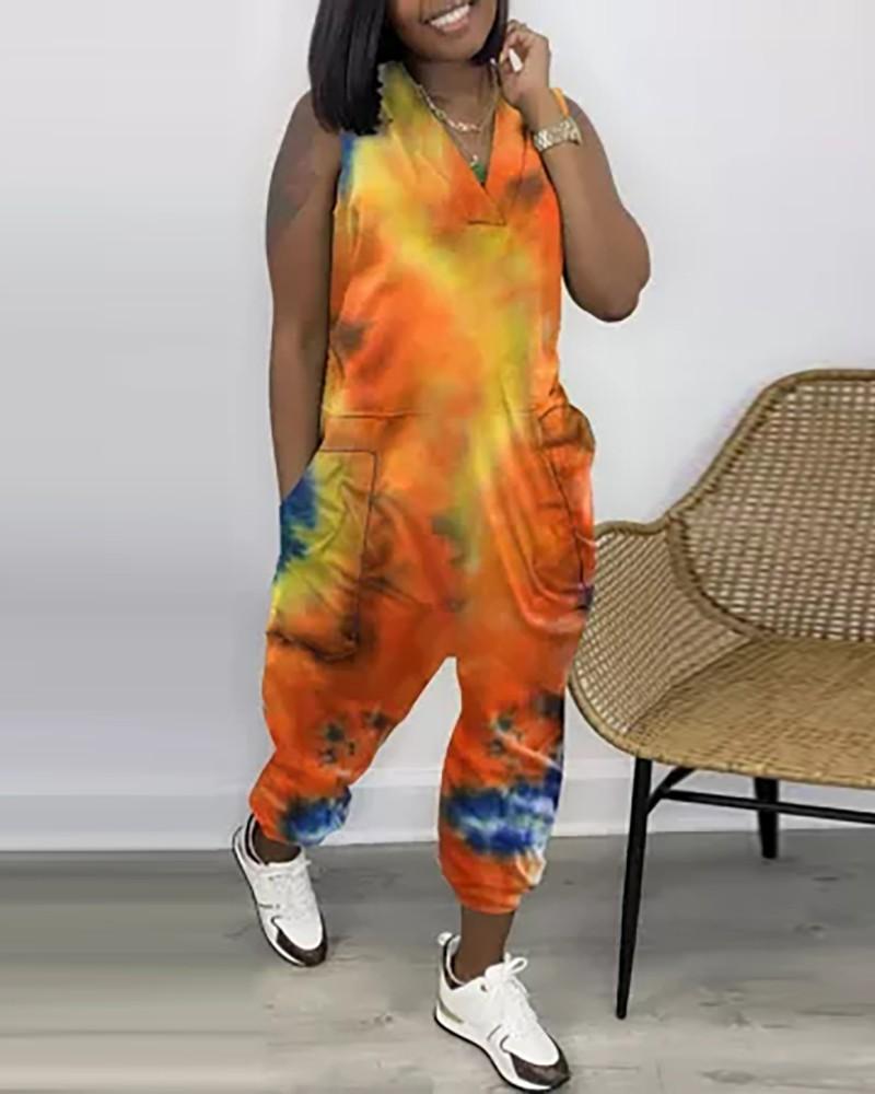 tie dye print pocket design sleeveless jumpsuit