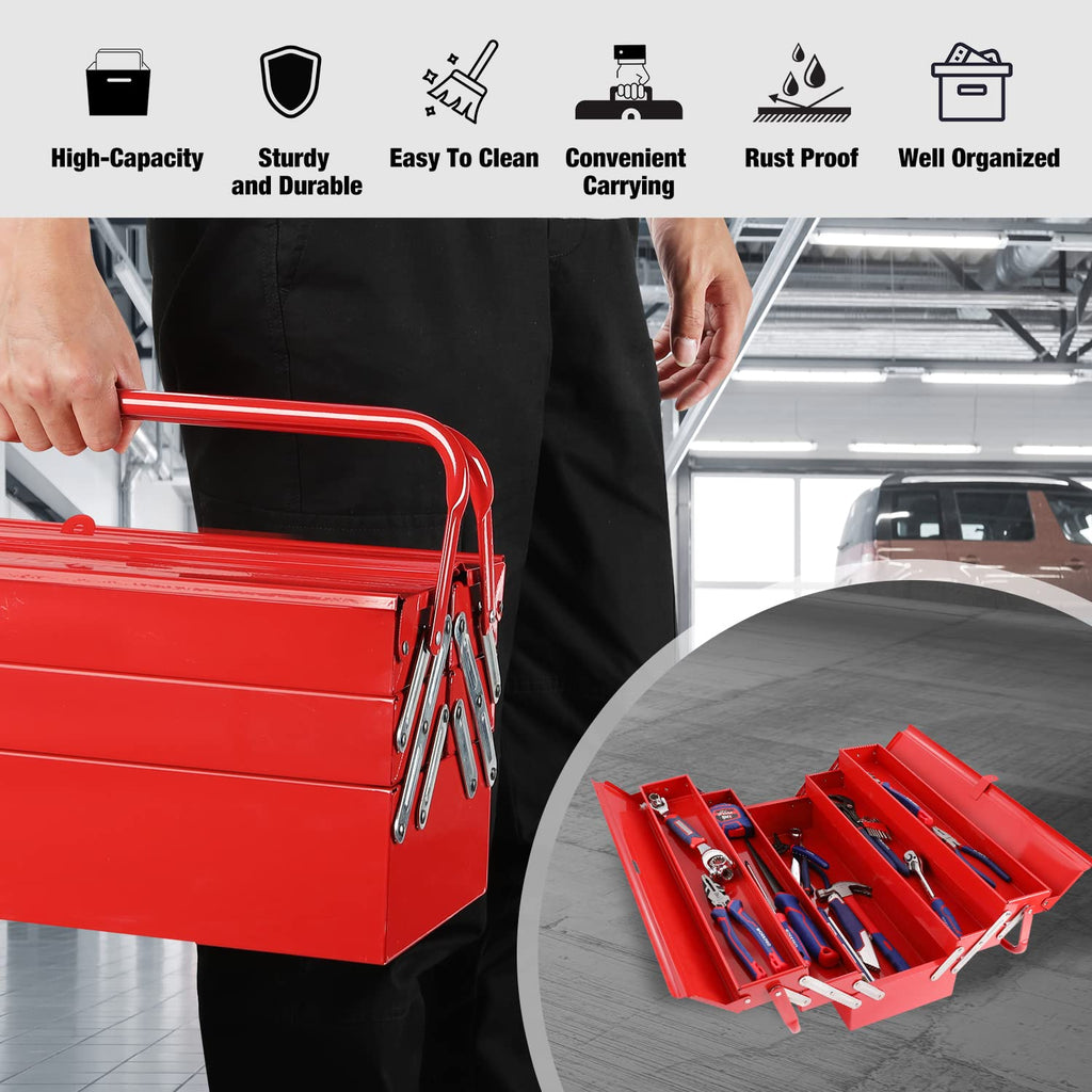 Metal Tool Box, 18-inch Cantilever Folding Red StoraBox, 3-Layer 5-Tray Multi-Function Tool Organizer, Red