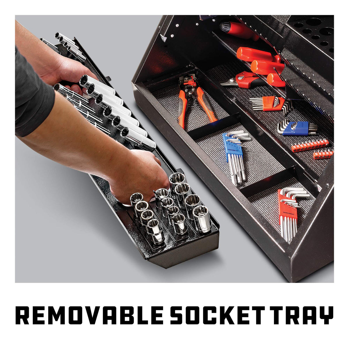 26 Inch Portable Slant Front Rapid Toolbox Tiered Tool Holders, 16 GauSteel, Weather-Resistant Lockable Magnetic Lid, Grey - 240102