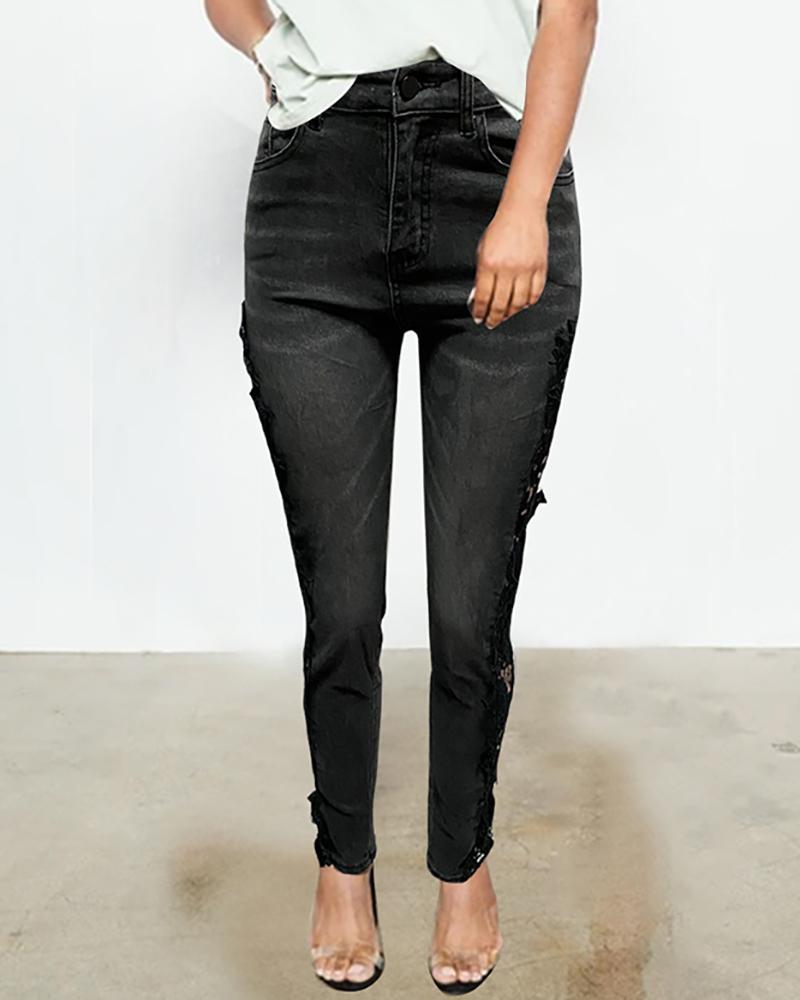lace hollow out button design jeans