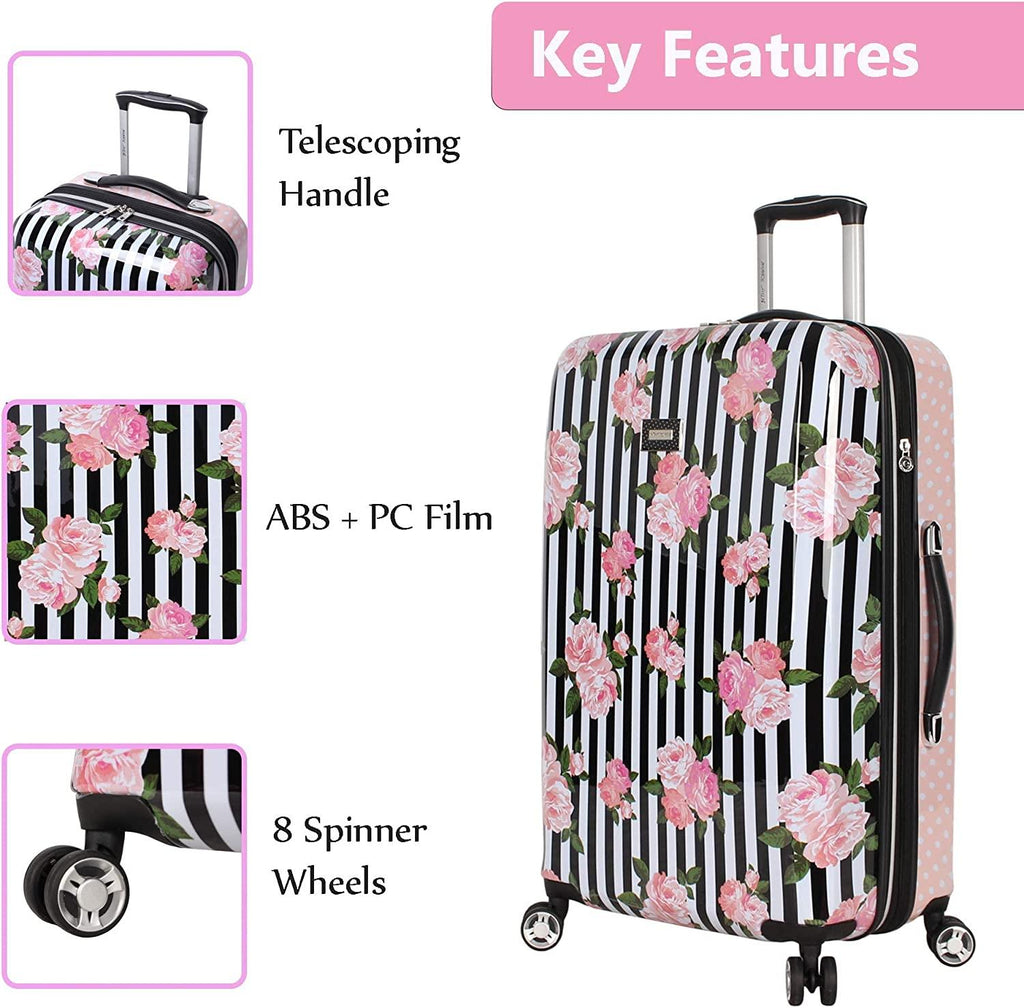 er Luggage Collection - Expandable 3 Piece Hardside Lightweight Spinner Suitcase Set - Travel Set includes 20-Inch Carry On, 26 inch and 30-Inch Checked Suitcase (Stripe Roses)