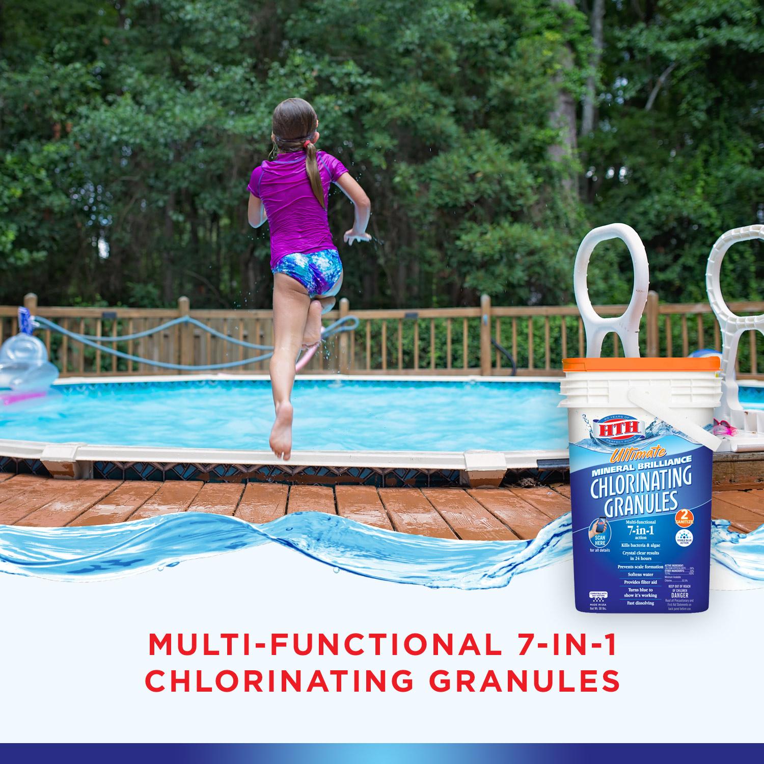 hth mineral brilliance chlorinating 7-in-1 granules for pools, 50 lbs