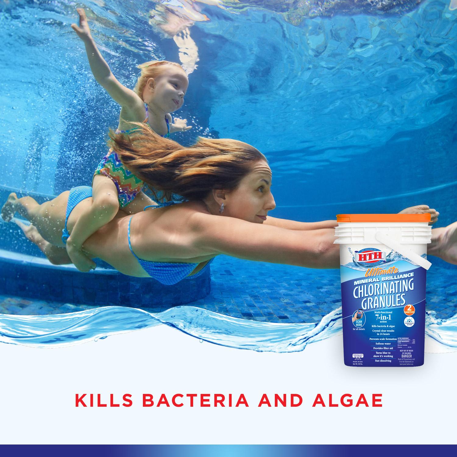 hth mineral brilliance chlorinating 7-in-1 granules for pools, 50 lbs