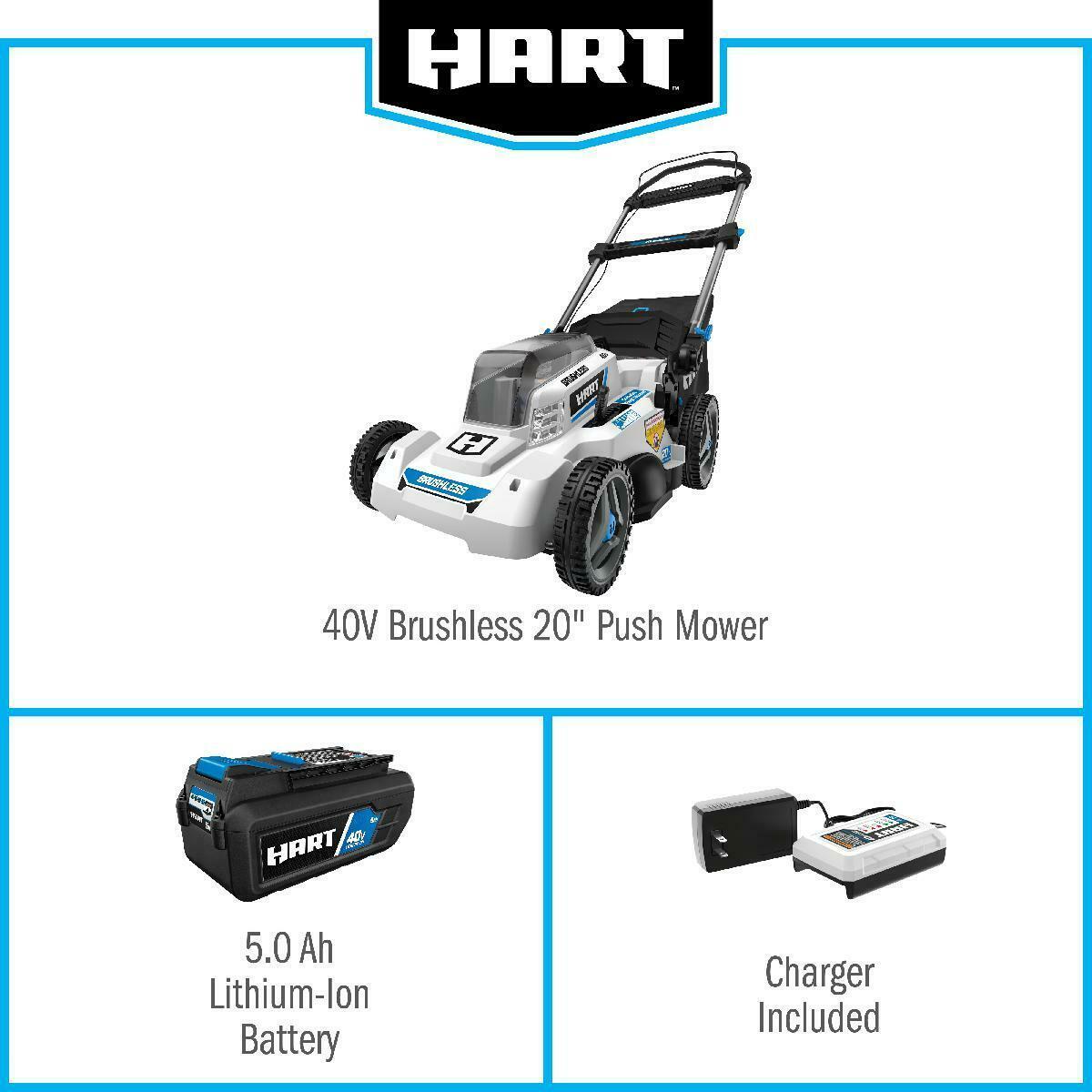 NEW HART 40-Volt Cordless Brushless 20-inch Push lawn Mower Kit w/5.0Ah Battery