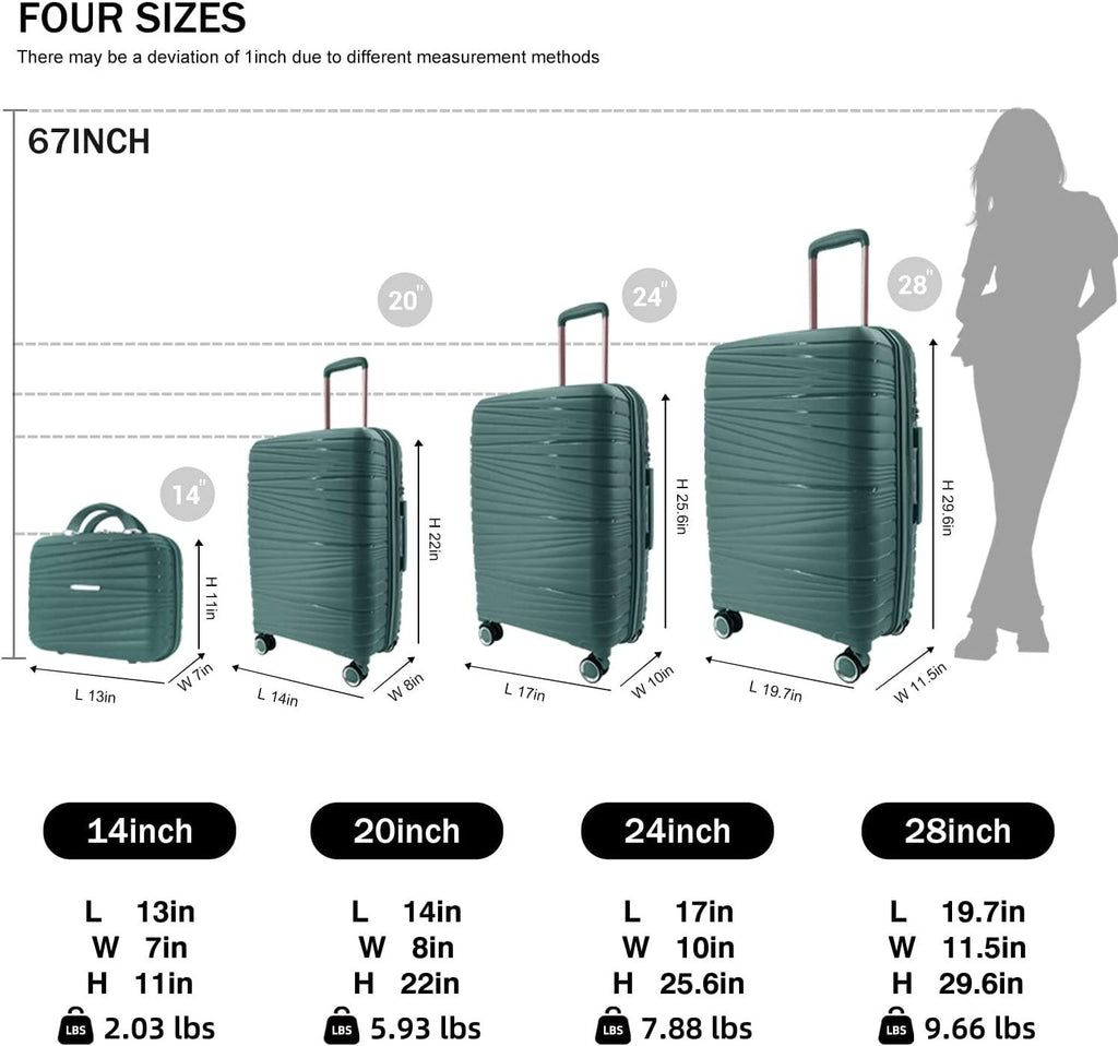Luggage 4 Piece Sets, Hard Shell Luggage Set Lightweight Carry on Luggage Expandable Suitcase with Spinner Wheels Travel Set for Men Women (14/20/24/28, Green)