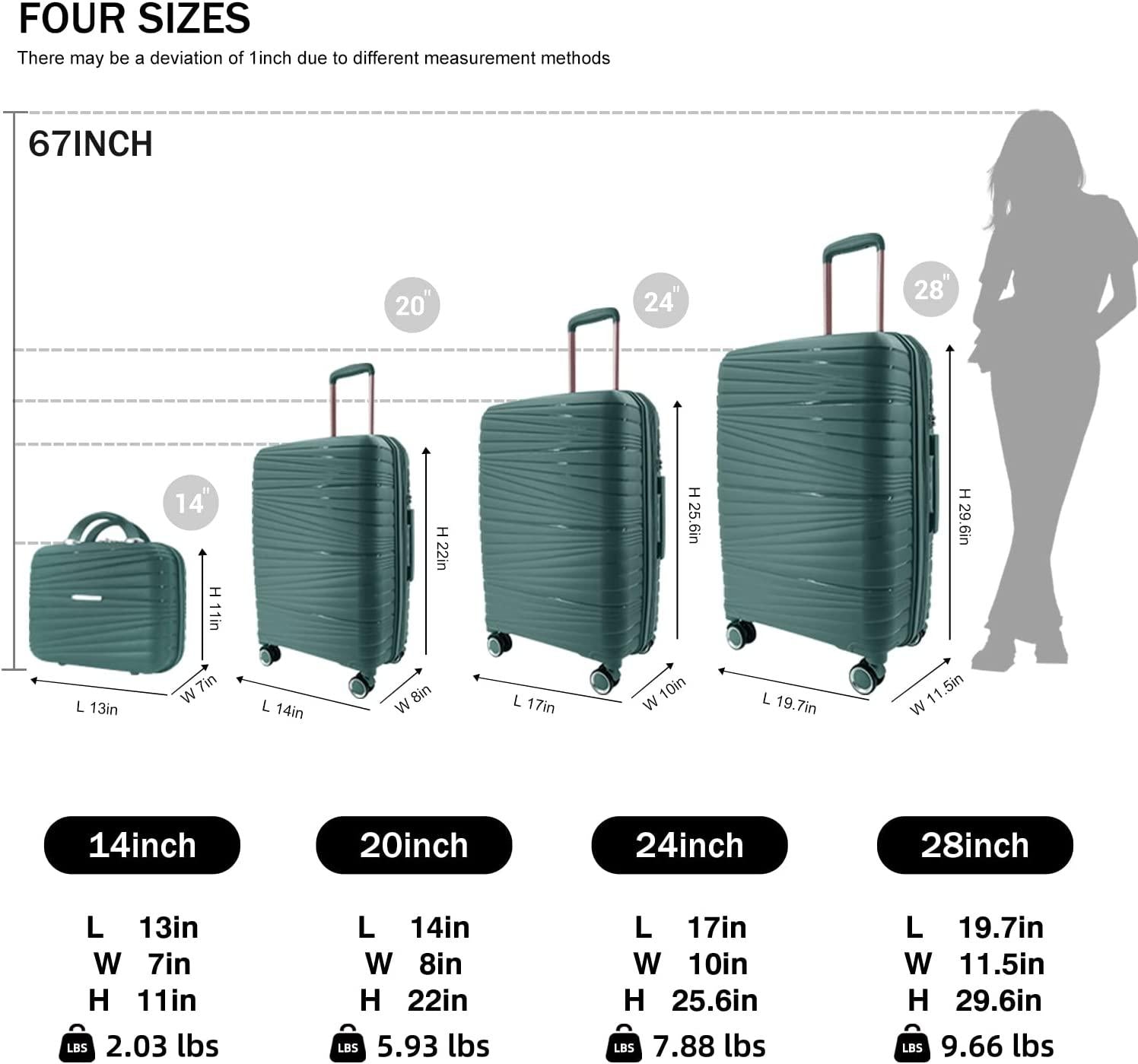 Luggage 4 Piece Sets, Hard Shell Luggage Set Lightweight Carry on Luggage Expandable Suitcase with Spinner Wheels Travel Set for Men Women (14/20/24/28, Green)