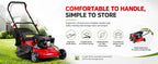 3 in 1 Self Propelled Gas Lawn Mower, 131cc 4-Stroke Engine with 50L Grass Bag &amp; Big Wheels, 3-in-1 Mulching/Side Discharge/Rear Bag, Push Button Start for Medium to LarLawns Red