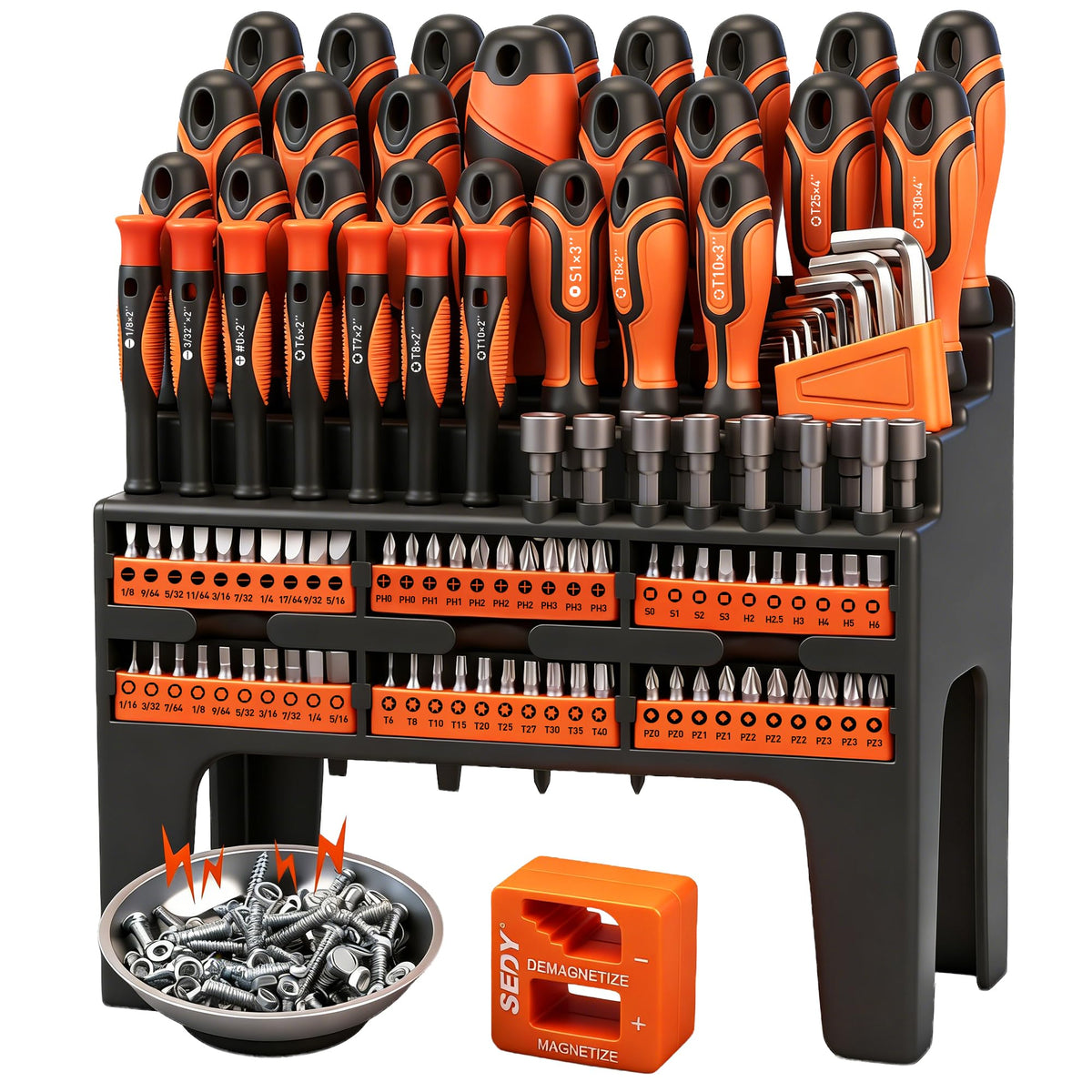 124-Piece Magnetic Screwdriver Set with Plastic Racking, Precision Screwdrivers, Magnetizer, Demagnetizer, Allen Keys, Nut Drivers, Ratchet Handles, Sockets & More - DIY Tools for Men, Tools Gift