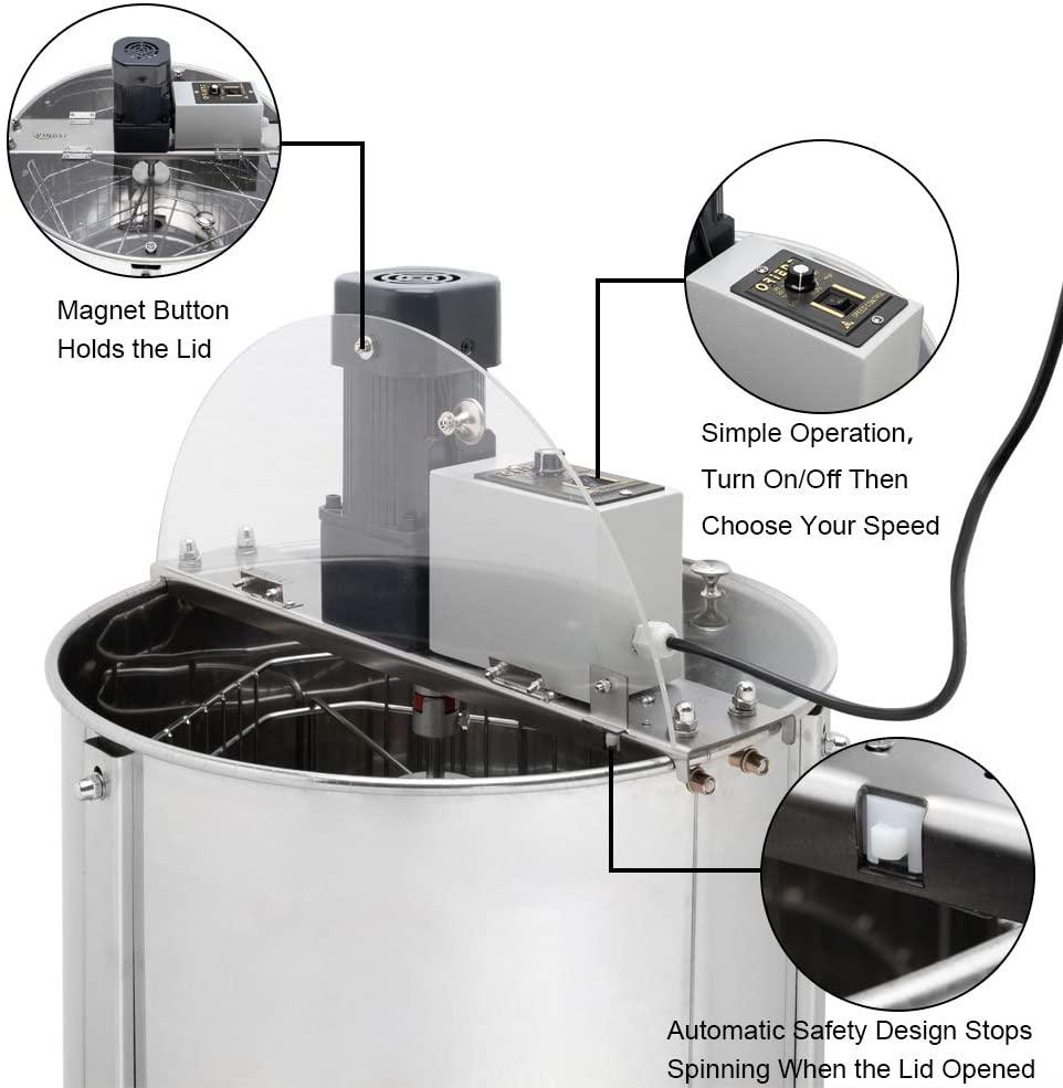 vingli upgraded electric 4 frame honey extractor, stainless steel honeycomb spinner drum with adjustable height stands, beekeeping pro apiary centrifuge equipment