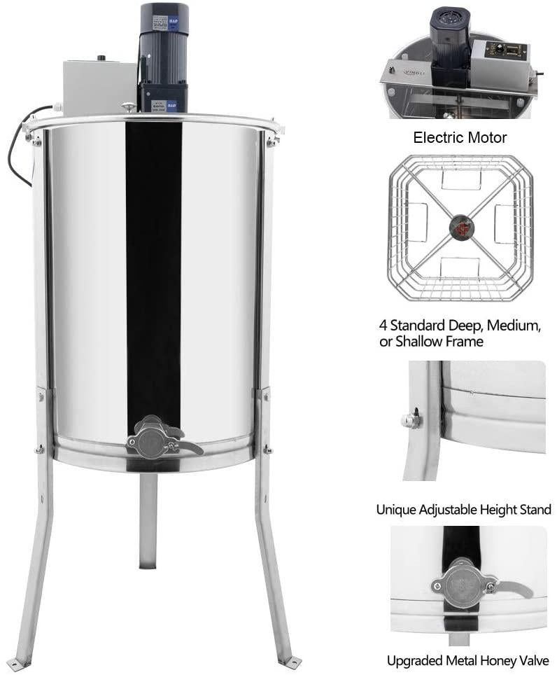 vingli upgraded electric 4 frame honey extractor, stainless steel honeycomb spinner drum with adjustable height stands, beekeeping pro apiary centrifuge equipment