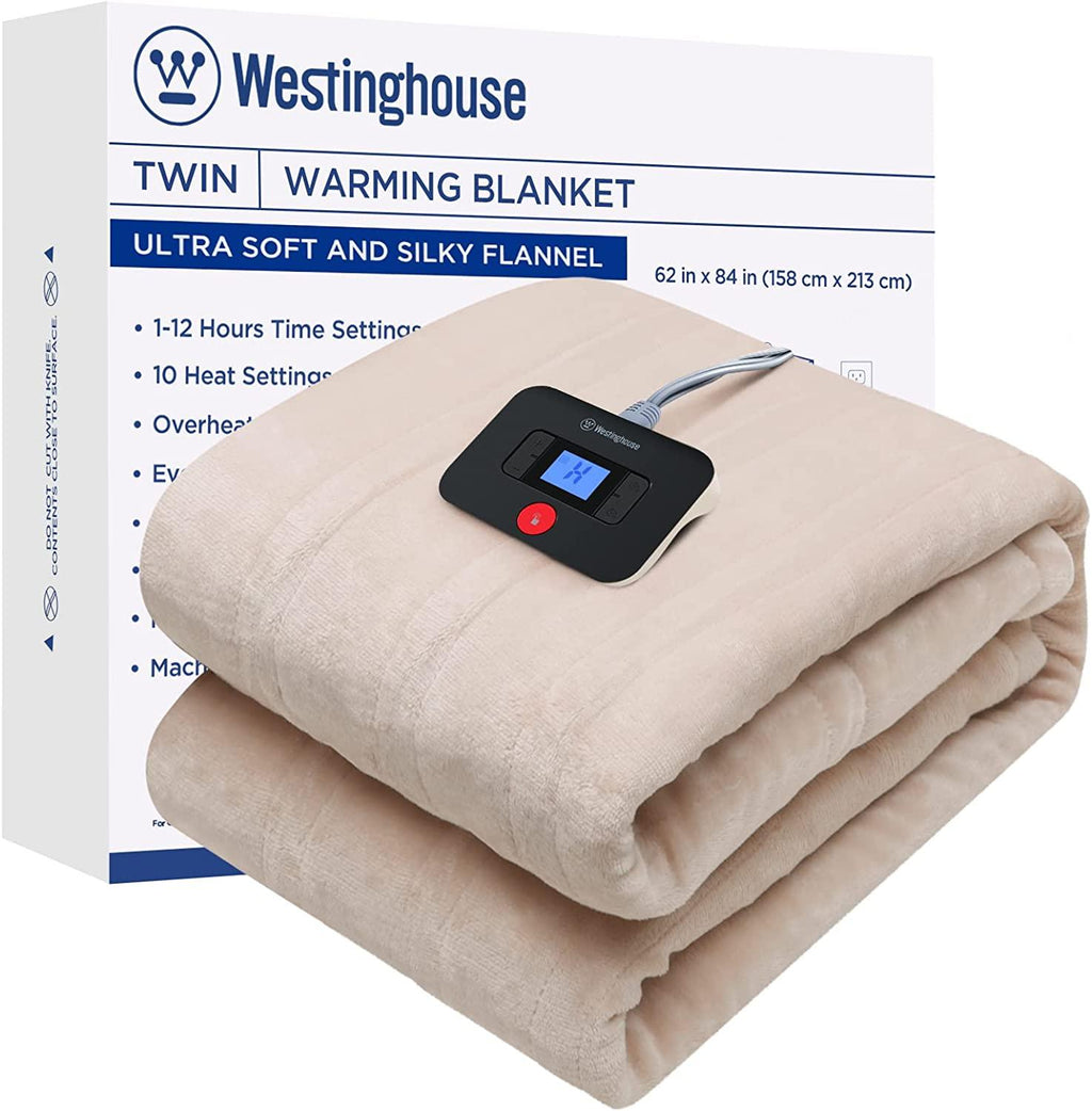 BOOLALA ouse Electric Blanket | 62x84 inch Warming Heated Blanket-Home, Bed, 1-12 Hour Time Setting, Machine Washable, Beige