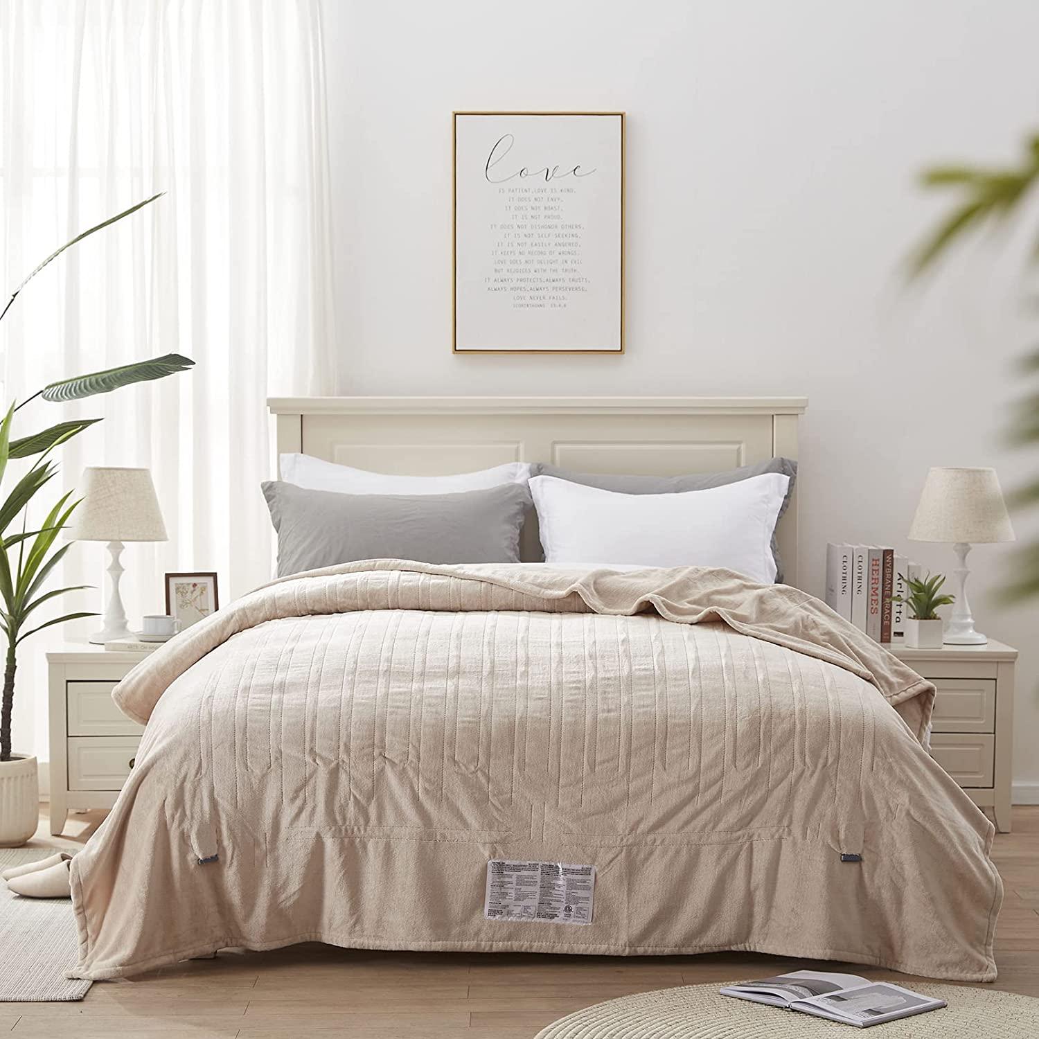 BOOLALA ouse Electric Blanket | 62x84 inch Warming Heated Blanket-Home, Bed, 1-12 Hour Time Setting, Machine Washable, Beige