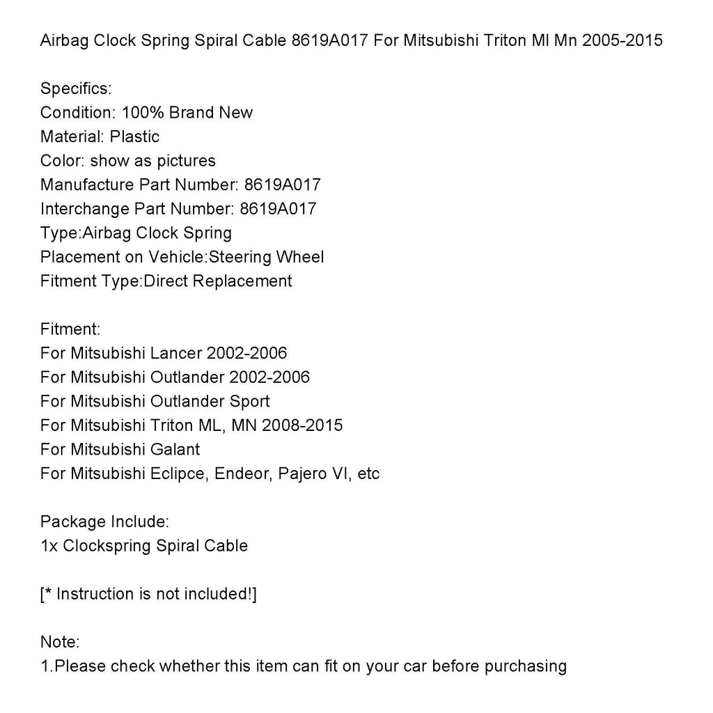 2002-2006 Mitsubishi Lancer 8619A017 Airbag Clock Spring Spiral Cable Generic