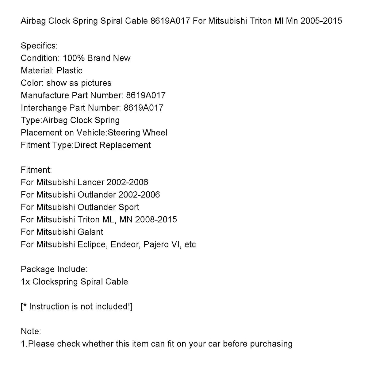2002-2006 Mitsubishi Lancer 8619A017 Airbag Clock Spring Spiral Cable Generic