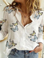Ladies Butterfly Print Cotton Long Sleeve Blouse