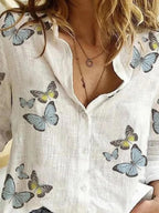 Ladies Butterfly Print Cotton Long Sleeve Blouse