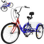 Folding Adult Tricycle 7 Speed Three Wheel Tricycle for Adults 24 inch Womens Beach Cruiser Bike with LarBasket Adult Trikes for Seniors,Men,Women, Adjustable Height Seat for Recreation