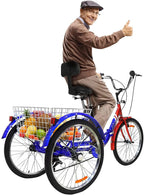 Folding Adult Tricycle 7 Speed Three Wheel Tricycle for Adults 24 inch Womens Beach Cruiser Bike with LarBasket Adult Trikes for Seniors,Men,Women, Adjustable Height Seat for Recreation