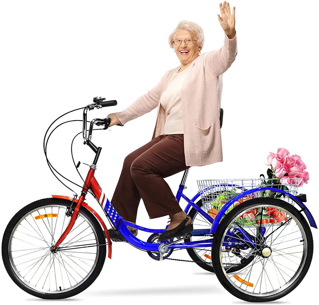 Folding Adult Tricycle 7 Speed Three Wheel Tricycle for Adults 24 inch Womens Beach Cruiser Bike with LarBasket Adult Trikes for Seniors,Men,Women, Adjustable Height Seat for Recreation