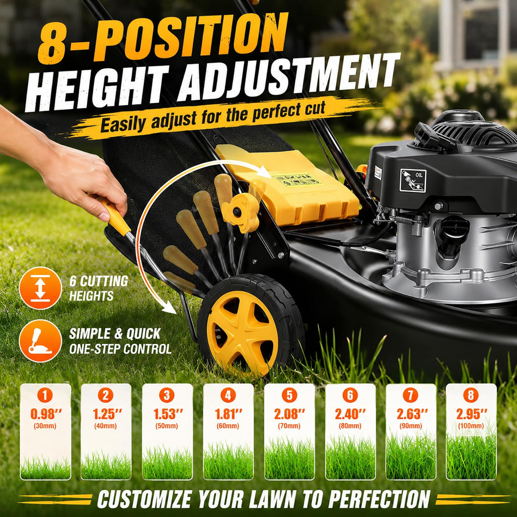 132CC Gas Lawn Mower 16-Inch with 45L Grass Bag and Height Adjustment | 4-stroke engine, 16-inch cutting width, 45L grass bag, 8-position height adjustment for small to medium yards