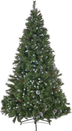 Joedot 7.5-Foot Mixed Spruce Unlit Hinged Artificial Christmas Tree with Frosted Branches, Red Berries, and Frosted Pinecones