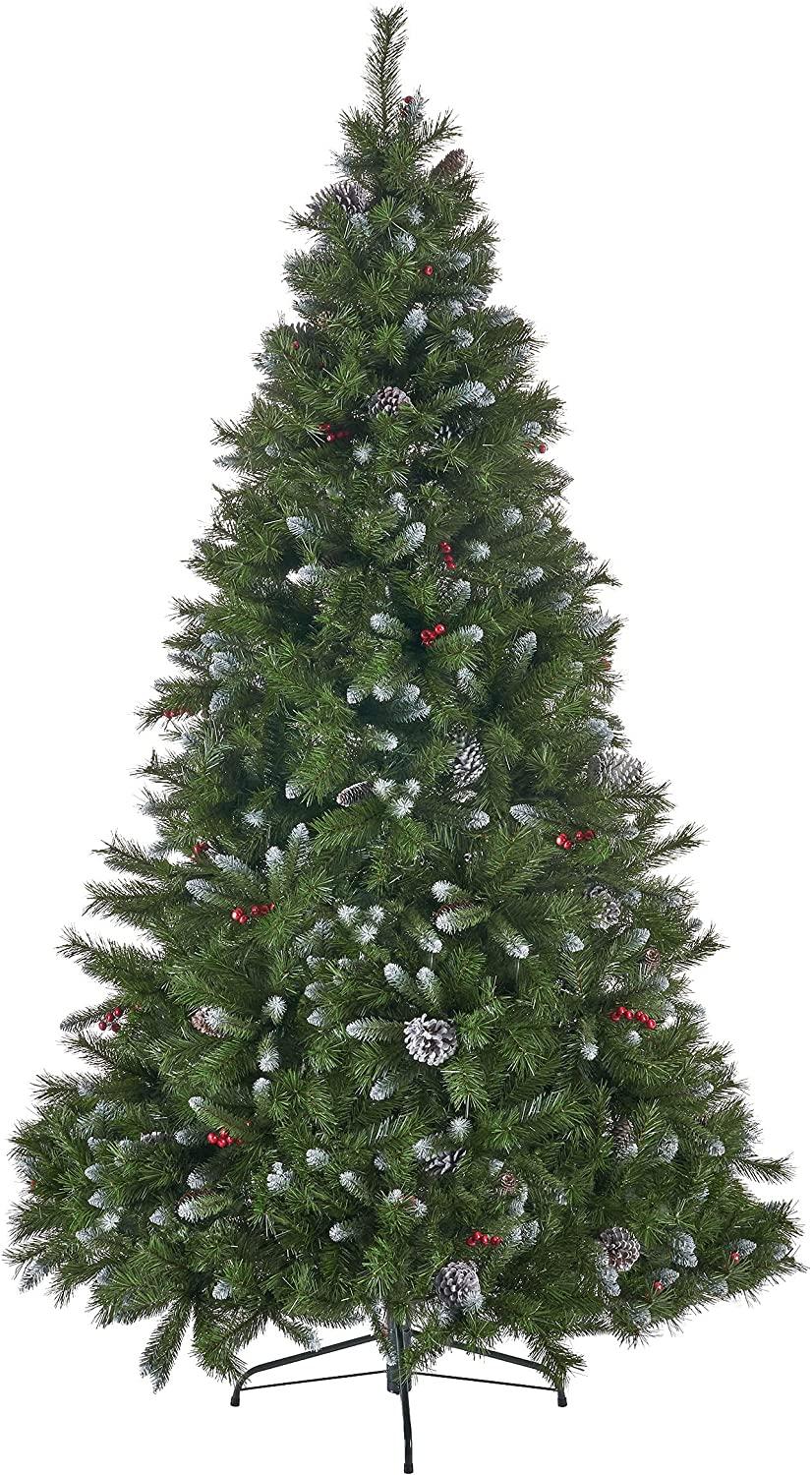 Joedot 7.5-Foot Mixed Spruce Unlit Hinged Artificial Christmas Tree with Frosted Branches, Red Berries, and Frosted Pinecones