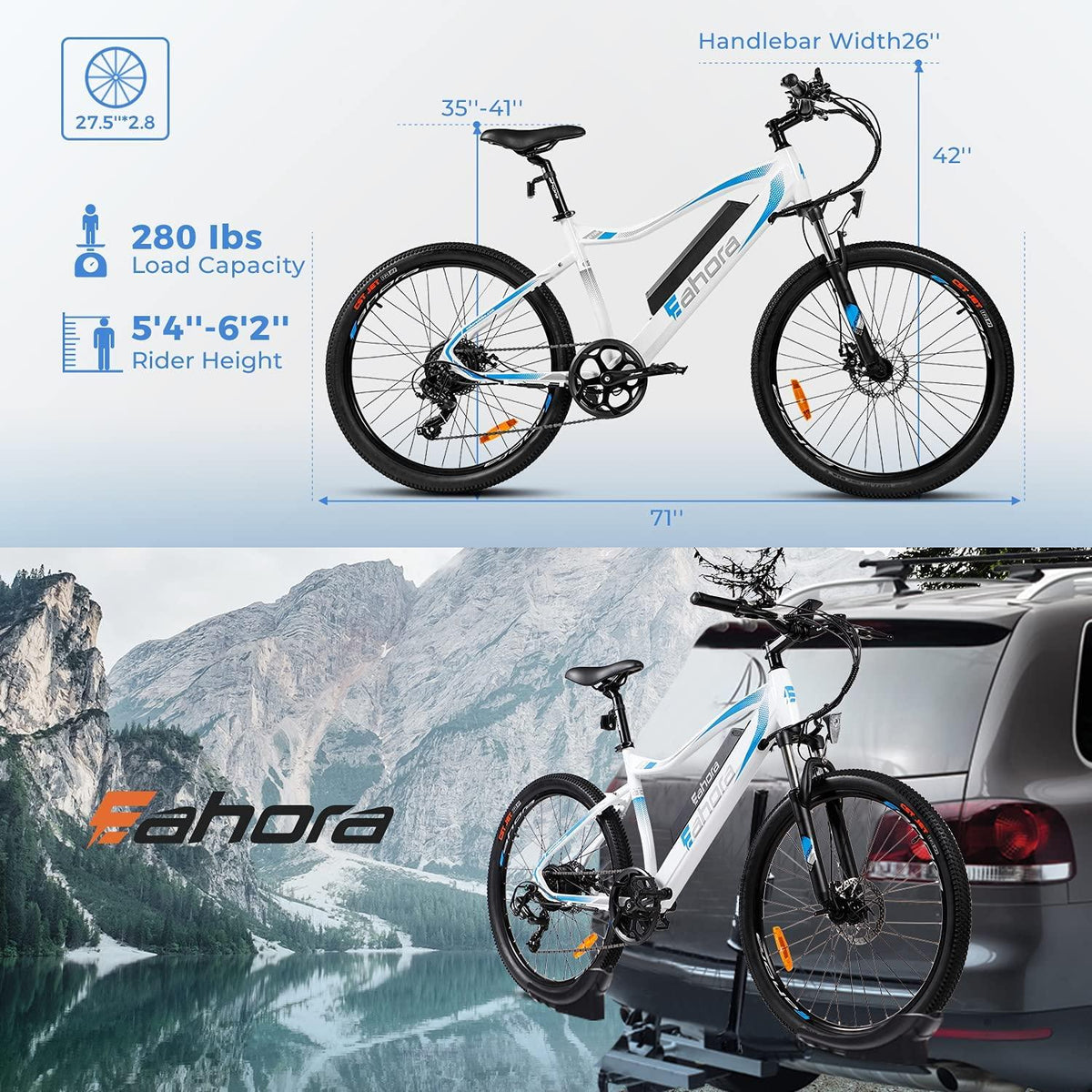 eAhora XC100 48V 14AH Battery Electric Bike 350W 23MPH Electric Mountain Bike for Adults, 26IN Urban Commuter Mechanical Brakes, Front Suspension, Smart Display, Cruise Control, 7 Speed Gears