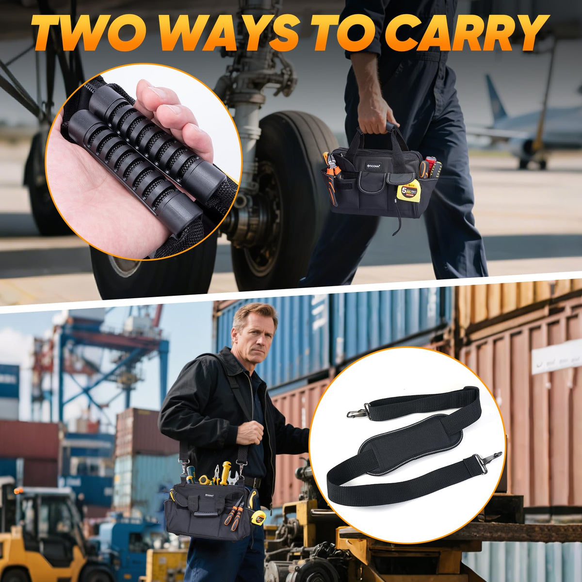 Heavy Duty Tool Bag with Multi-Pockets, Portable Tool Box Organizer StoraBag, with Adjustable Shoulder Strap and Ergonomic Handle (Black, 12" Standard Base)