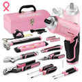 75-Piece Pink Tools Set, 3.7V Rotatable Cordless Screwdriver and Household Tool Kit, Basic Tool Set with 13'' Portable Steel Tool Box for Home, Garage, Apartment, Dorm, House - Pink Ribbon