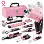 75-Piece Pink Tools Set, 3.7V Rotatable Cordless Screwdriver and Household Tool Kit, Basic Tool Set with 13'' Portable Steel Tool Box for Home, Garage, Apartment, Dorm, House - Pink Ribbon