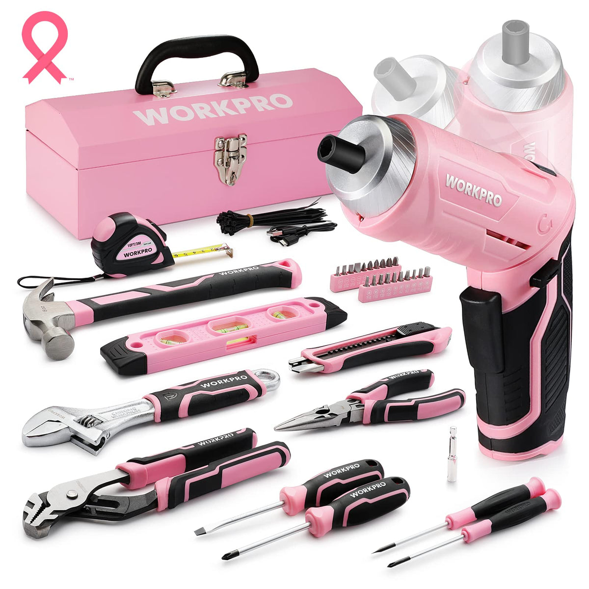 75-Piece Pink Tools Set, 3.7V Rotatable Cordless Screwdriver and Household Tool Kit, Basic Tool Set with 13'' Portable Steel Tool Box for Home, Garage, Apartment, Dorm, House - Pink Ribbon