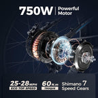 750W Electric Mountain Bike, 26 inch 4.0 Fat Tire Electric Bike with Removable 48V 15AH Lithium Battery, Hydraulic Brakes and Full Air Suspension Adult Electric Bicycles with USB Color Display