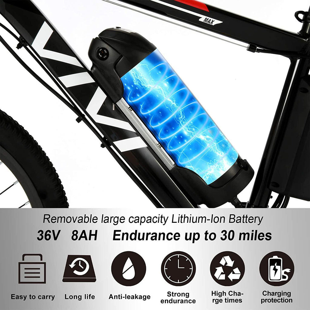 VIVI Electric Bike Electric Mountain Bike 26" Electric Bicycles for Adults, 350W Motor Ebike, 36V,8AH Battery, 3 Electric Modes and 21 Speed Gears, 20MPH Speed