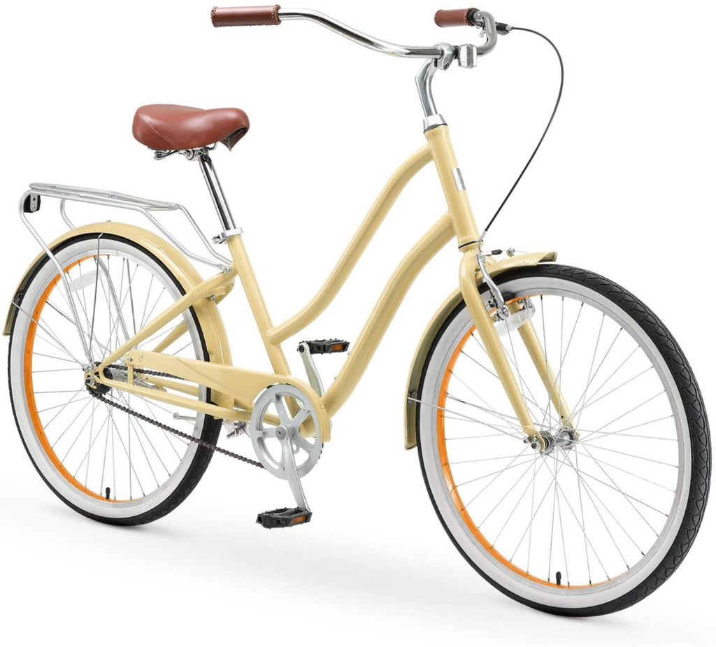 reezero EVRYjourney Steel Women's Single Speed Step-Through Touring Hybrid Bike, 26" Bicycle, Cream with Brown Seat and Brown Grips
