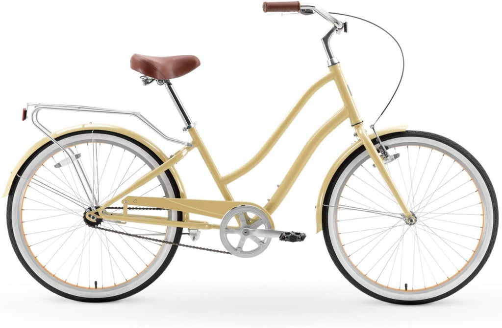 reezero EVRYjourney Steel Women's Single Speed Step-Through Touring Hybrid Bike, 26" Bicycle, Cream with Brown Seat and Brown Grips