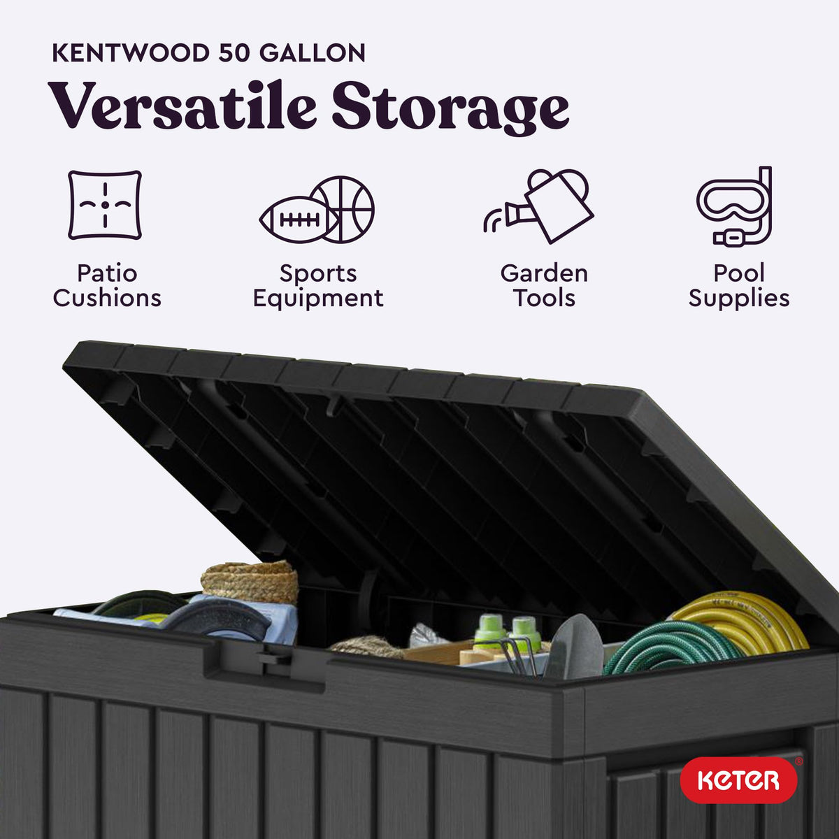 Kent50 Gallon Resin Deck Box-Organization and Storafor Patio Cushions, Throw Pillows and Garden Tools, Dark Grey