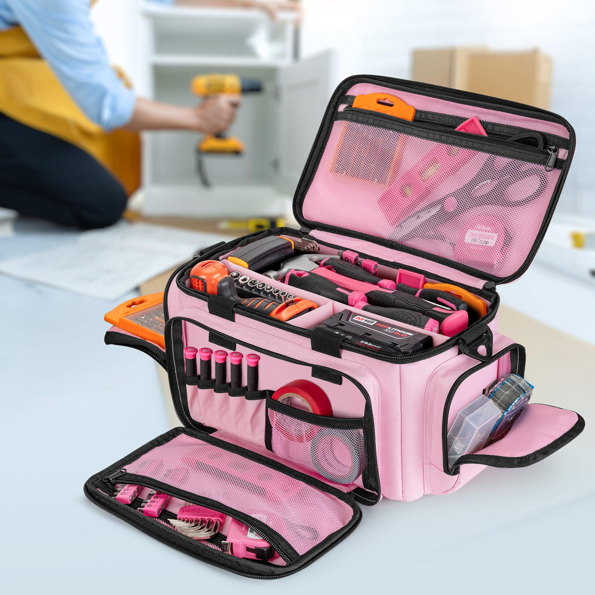 Pink Tool Bag for Women, Tool Organizer with Anti-friction Bottom | Detachable Divider, Wrapped Handles, Adjustable Shoulder Strap, Tactical RanBag for Electrician, Carpenters, Repairman