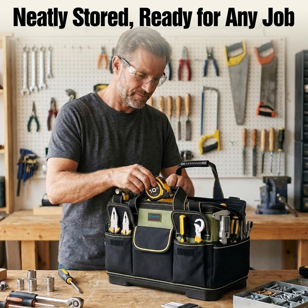 Tool Bag,  18 Inch LarTool Tote Bag Heavy Duty With Waterproof Molded Base, Wide Mouth Tool Box Organizer with Adjustable Shoulder Strap for Electrician Mechanic  Plumbers(Green)