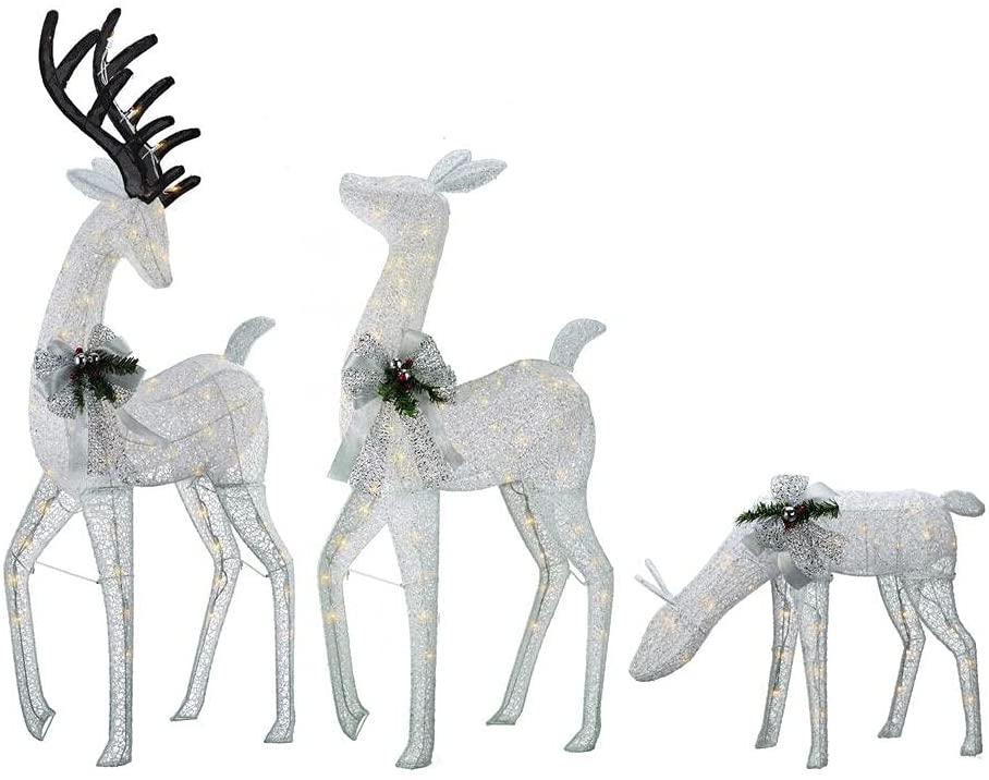 Set of 3 Lighted White Deer Family Buck Doe Fawn Sculpture Decoration Pre Lit Display Outdoor Christmas Yard Decoration Garden Yard Art Holiday Winter Display