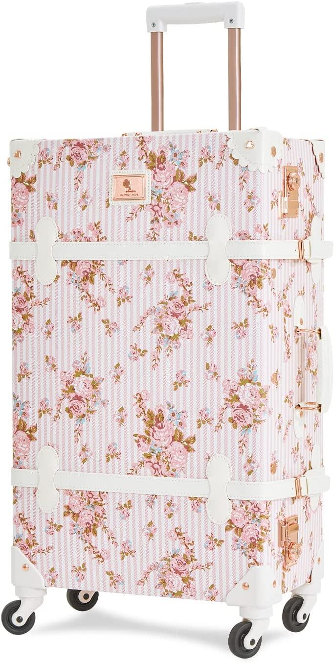 Women Luxury  Trunk Luggage TSA-Approved Cute Spinner Suitcase (Pink Floral, 26")