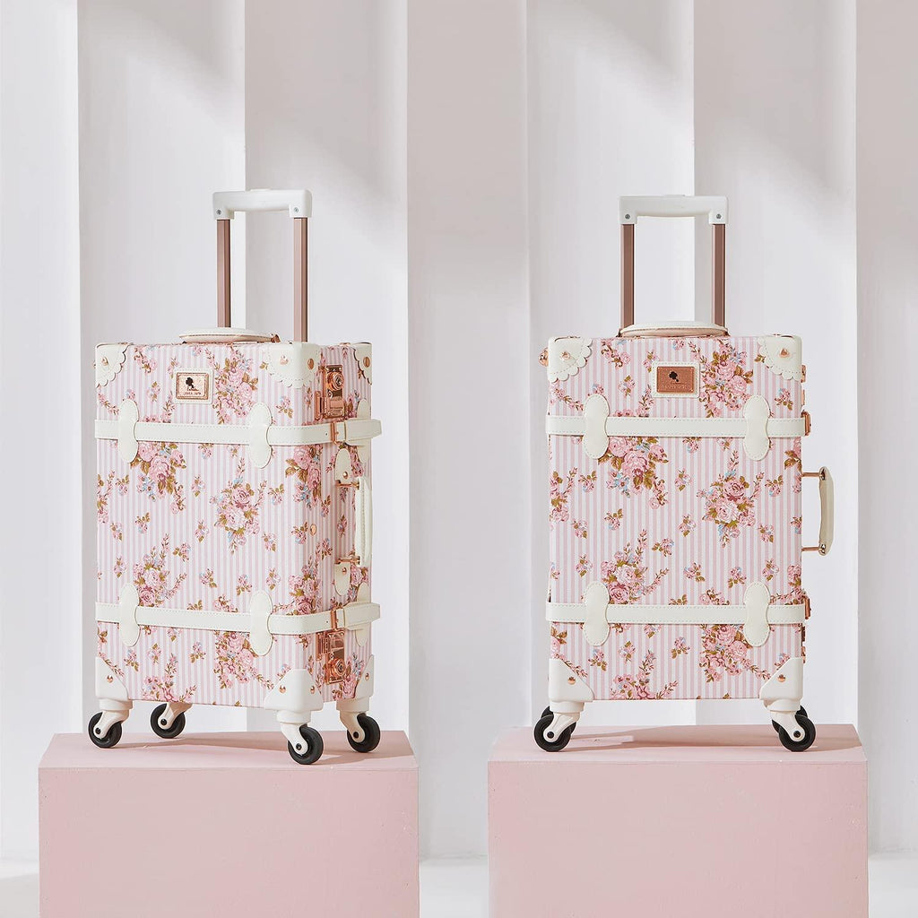 Women Luxury  Trunk Luggage TSA-Approved Cute Spinner Suitcase (Pink Floral, 26")