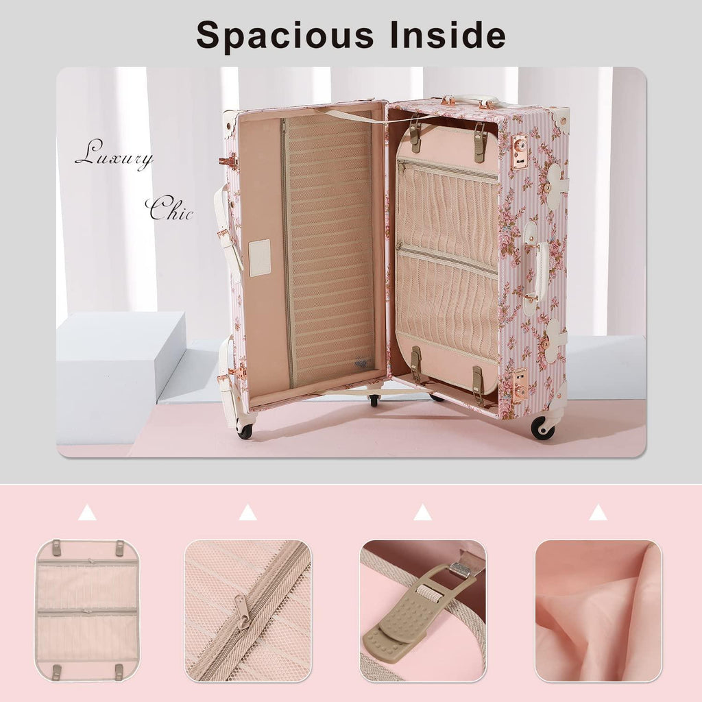 Women Luxury  Trunk Luggage TSA-Approved Cute Spinner Suitcase (Pink Floral, 26")