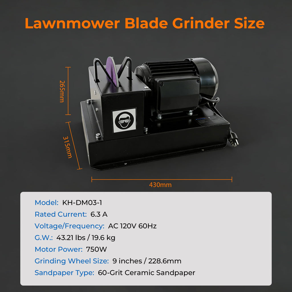 Lawn Mower Blade Sharpener, 1HP 750W Bench Grinder with 9-Inch Ceramic Wheel, 30°/40° Angle Brackets, for High/Low Lift, Gator &amp; Flat Blades, with Extra Replacement Sandpapers